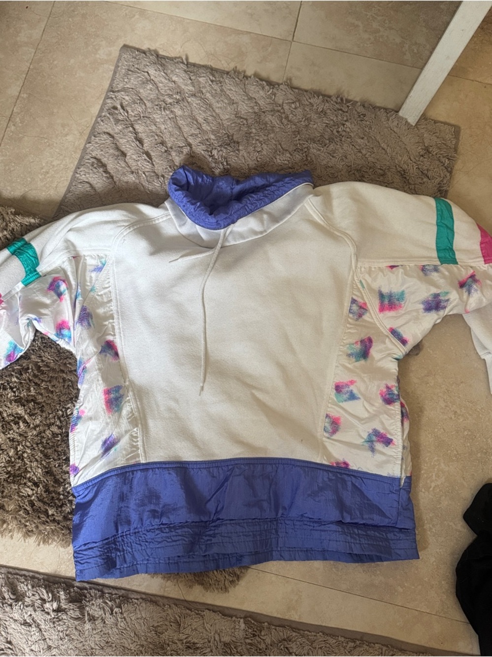 Vintage White Pullover Hoodie with Purple Collar and Teal Accents